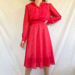Vintage 70s Magenta Sheer Midi Secretary Dress